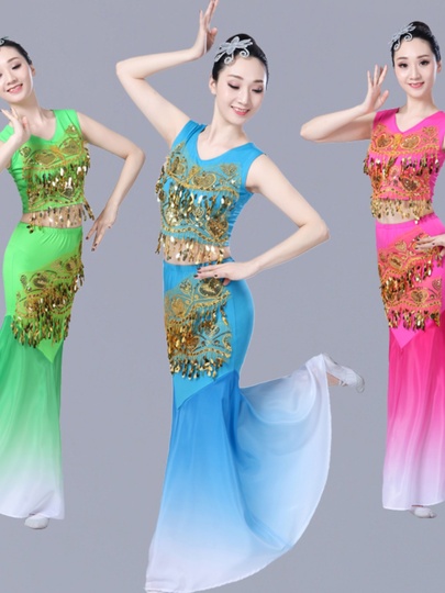 ベリーダンス衣装 ピーコック柄 孔雀 孔雀のダンス衣装 - 傣族の民族