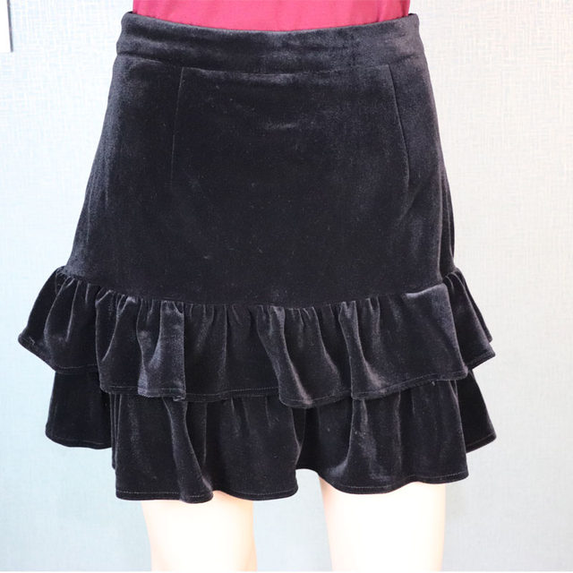 Temperament simple golden velvet skirt for women in spring and summer versatile ruffle hem high waist temperament hip-cover short skirt a-shaped
