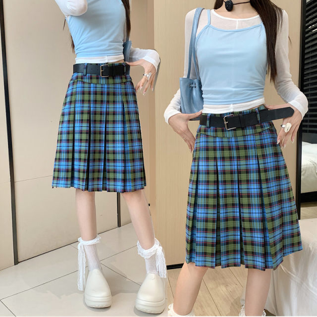 American retro college style Scottish plaid pleated skirt women's mid-length summer A-line short skirt plaid skirt