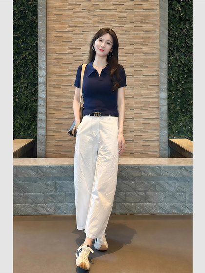 2025新款夏季穿搭一整套高级感小众藏青色翻领短袖上衣裤子两件套