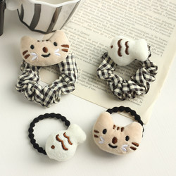 Cat Eats Fish~ Plush Headband Classic Plaid Basic Scrunchie Little Fox Hair Tie Cartoon Autumn and Winter Cute Hair Rope