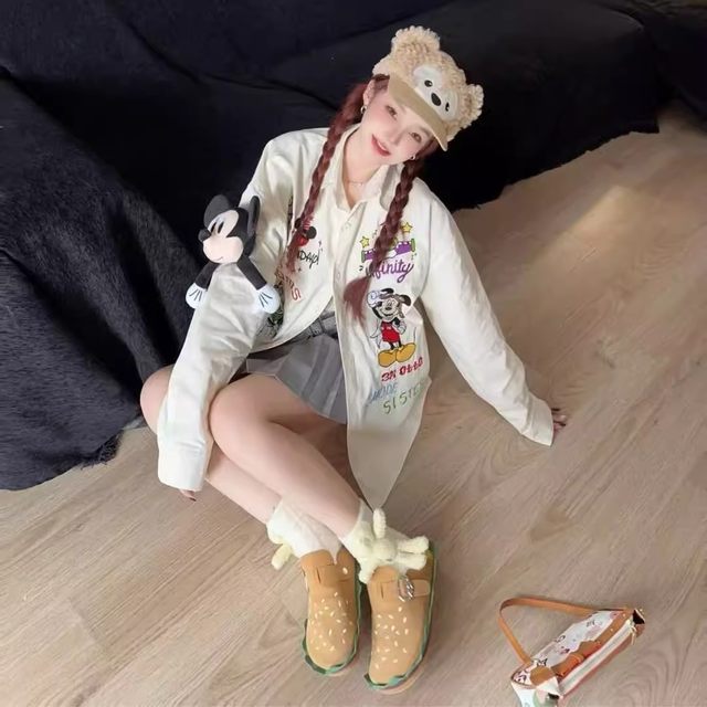 Fat mm300Jin [Jin equals 0.5 kg] Large size Mickey cartoon embroidered cute retro shirt jacket for women's spring and autumn new loose top 2