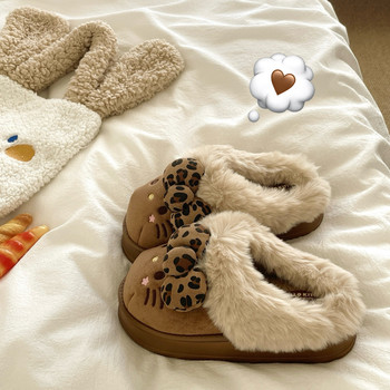 
Leopard print kt cat~! Hot girls ins cute cotton slippers for women with velvet and thick-soled high-heightening fur slippers trendy