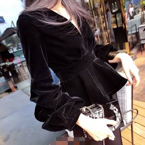 Retro Golden Velvet T -shirt V -neck Receive waist Lamous Lochriper Bringing Lantern Sleeve Design Affective Black Girls size