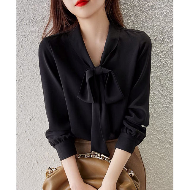 2025 spring new style design niche black bow shirt women's long-sleeved bottom shirt temperament top