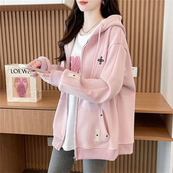 Korean Style Plus Size Women's Pure Cotton Hooded Sweatshirt Jacket for Women, New Loose Trendy Brand Fleece Cardigan Top for Autumn and Winter