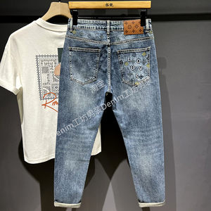 
American Retro Washed Jeans Men's Embroidered Trendy Stretch Slim Small Foot Pants 2026 Spring Versatile Thin Style