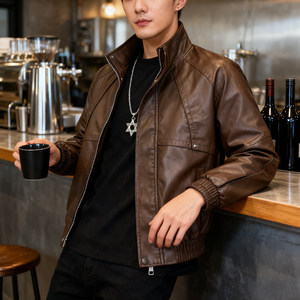 
Leather jacket men's high-end American retro new men's motorcycle slim short fashion stand-up collar leather jacket