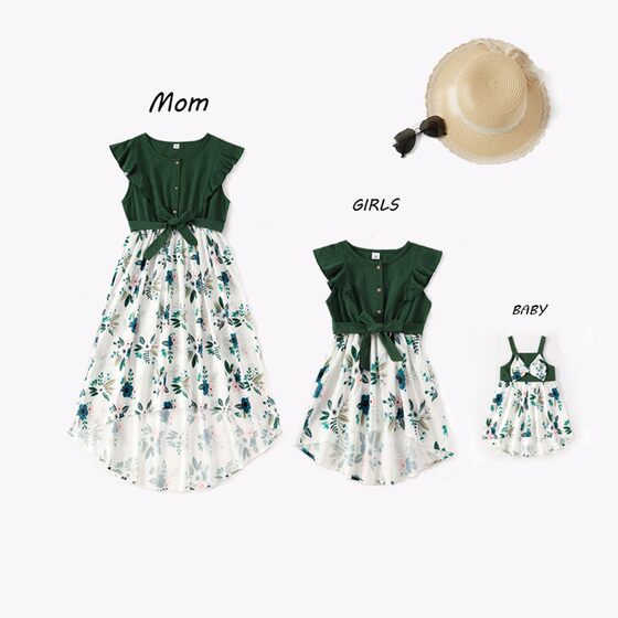 French parent -child dress year -old dress printed female treasure baby bow princess skirt front short and back long swallow tail dress
