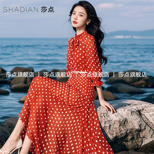 
2026 new polka dot dress for women, summer waist, temperament, chiffon long skirt, seaside vacation beach skirt, beautiful skirt