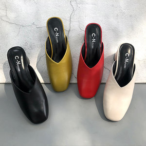 
Foreign trade cabinet clearance processing for women's cowhide women's slippers in spring, thick heels, fashionable and versatile, wearable women's half slippers in spring