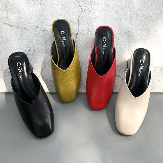 
Foreign trade cabinet clearance processing for women's cowhide women's slippers in spring, thick heels, fashionable and versatile, wearable women's half slippers in spring