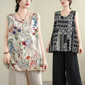 
Large size women's new Chinese printed cotton silk vest for women in summer new round neck suspender loose middle-aged and elderly mothers