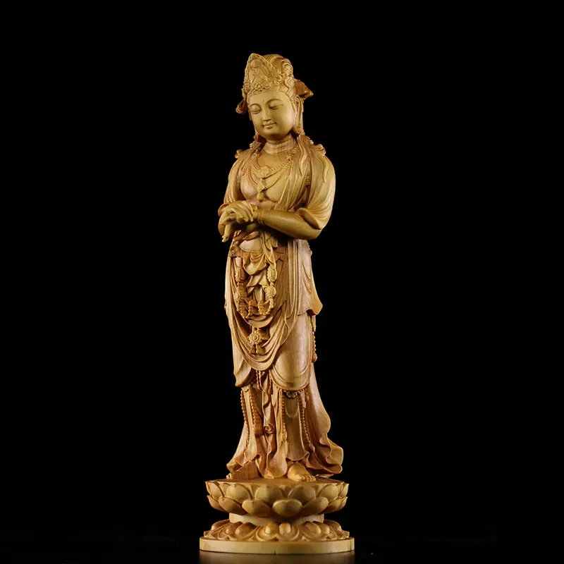 中国古美術 自在観音菩薩像 描金 純銅製 細工彫刻 仏像 細密細工 旧蔵 高36cm 黄楊木細工彫 中国古美術 S28CC19A ｜日月観音仏像黄楊木像家