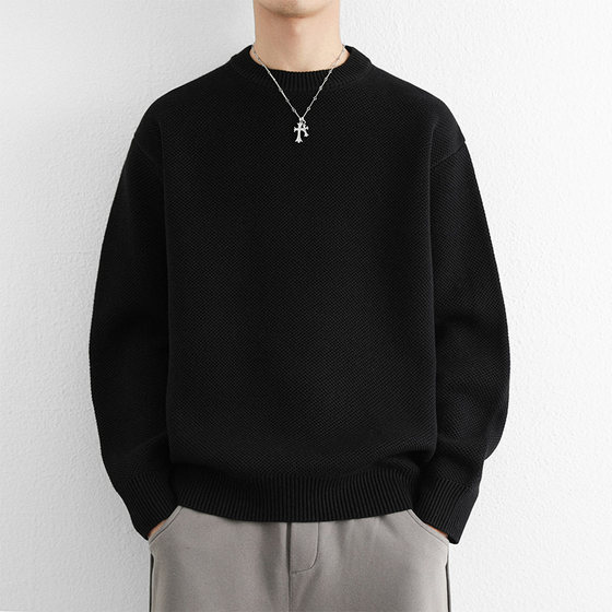 
URSBOB spring and autumn thickened sweater knitted bottoming shirt top pure cotton men's round neck pullover youth fashion