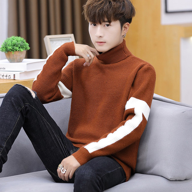 Turtleneck sweater men's new color-blocked sweater Korean style slim ...