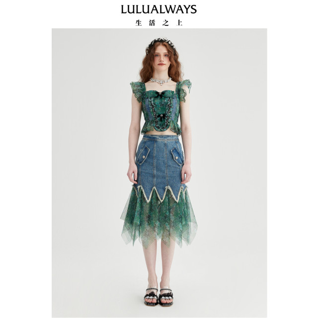LULUALWAYS25 summer new style stylish commuter mesh splicing irregular skirt
