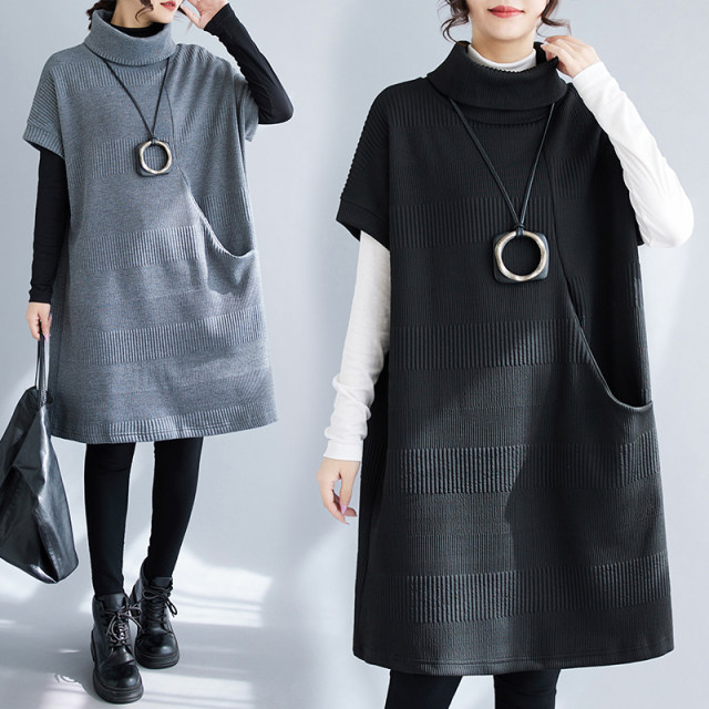 Slimming autumn and winter loose new high-neck temperament dress fat mm large size belly-covering casual mid-length hip-covering skirt