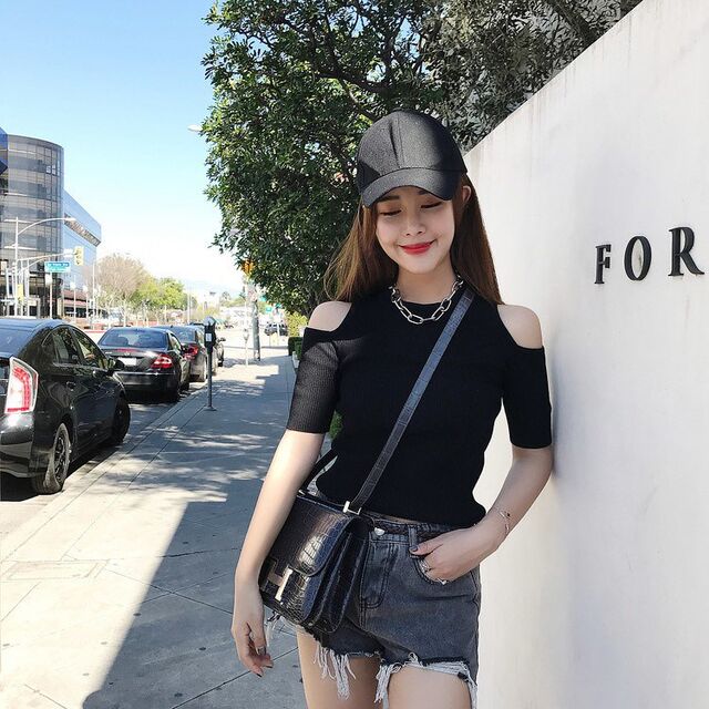 Sexy Hollow Knit Top Sweater Women Party Navel Slim Ribbed Summer Lady Shirts