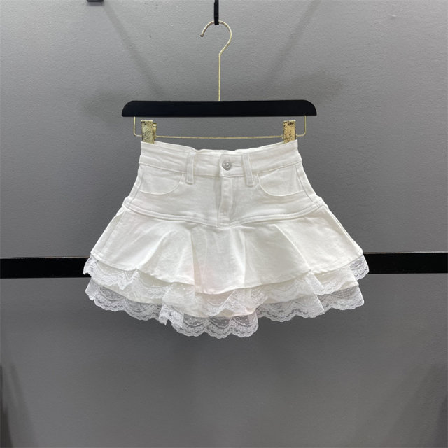 Sweet lace lace denim skirt women 2025 summer small high-waisted hot girl A-line fluffy cake skirt