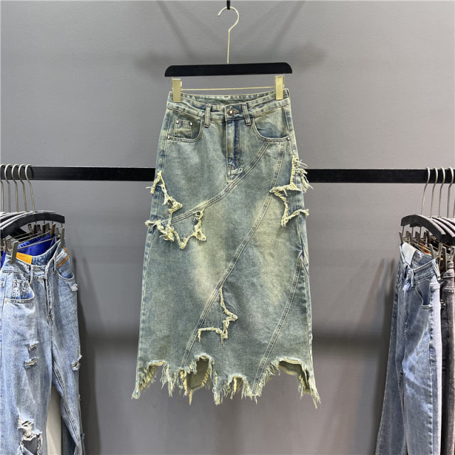 Retro old denim skirt for women 2025 spring star embroidery irregular breasted a-line hip midi skirt