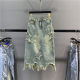 Retro old denim skirt for women 2025 spring star embroidery irregular breasted a-line hip midi skirt