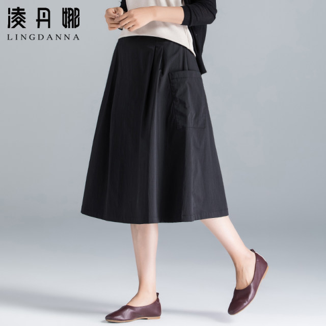 Black skirt for women summer 2025 new A-line mid-length summer thin work pocket skirt casual skirt