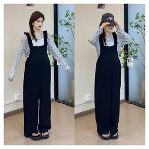 
2025 autumn new maternity outfit casual wear long-sleeved polka dot top base black overalls for women two-piece set
