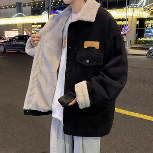 
Hong Kong style brand lamb wool cotton coat men and women winter couple casual cotton coat plus velvet thickened denim jacket jacket
