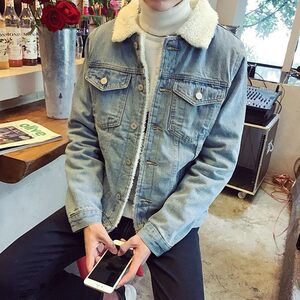 Japanese retro and thickened lamb cotton coat Student denim jacket winter season couple denim jacket men's tide
