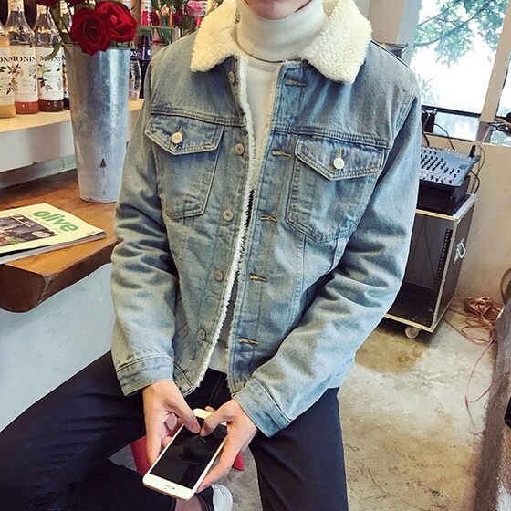 Japanese retro and thickened lamb cotton coat Student denim jacket winter season couple denim jacket men's tide
