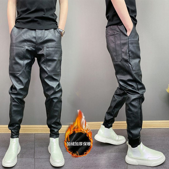2025 autumn and winter men's trendy plush plush thickened PU leather pants windproof and waterproof six-pack solid color pants for handsome trousers
