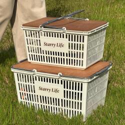 Outdoor Camping Picnic Basket with Foldable Table Board, Storage Basket with Lid, Marine Board, Solid Wood, for Outings and Spring Excursions, with Table