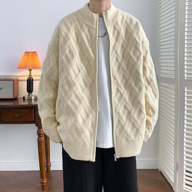 Stand-collar cardigan zipper knitted jacket for men spring and autumn 2024 new high-end diamond plaid sweater jacket
