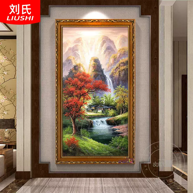 客厅竖版手绘油画中式玄关装饰画欧式挂画走廊过道桂林山水风景画-Taobao