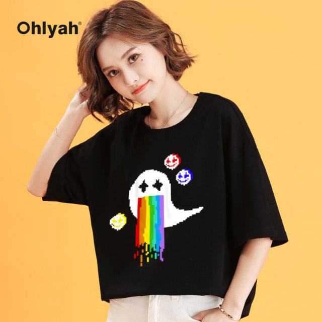 Ohlyah Rainbow Ghost Little Devil Graffiti Trendy Brand T-shirt Women Pure Cotton Loose Five-quarter Sleeve Summer Couple Short Sleeve
