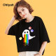 Ohlyah Rainbow Ghost Little Devil Graffiti Trendy Brand T-shirt Women Pure Cotton Loose Five-quarter Sleeve Summer Couple Short Sleeve
