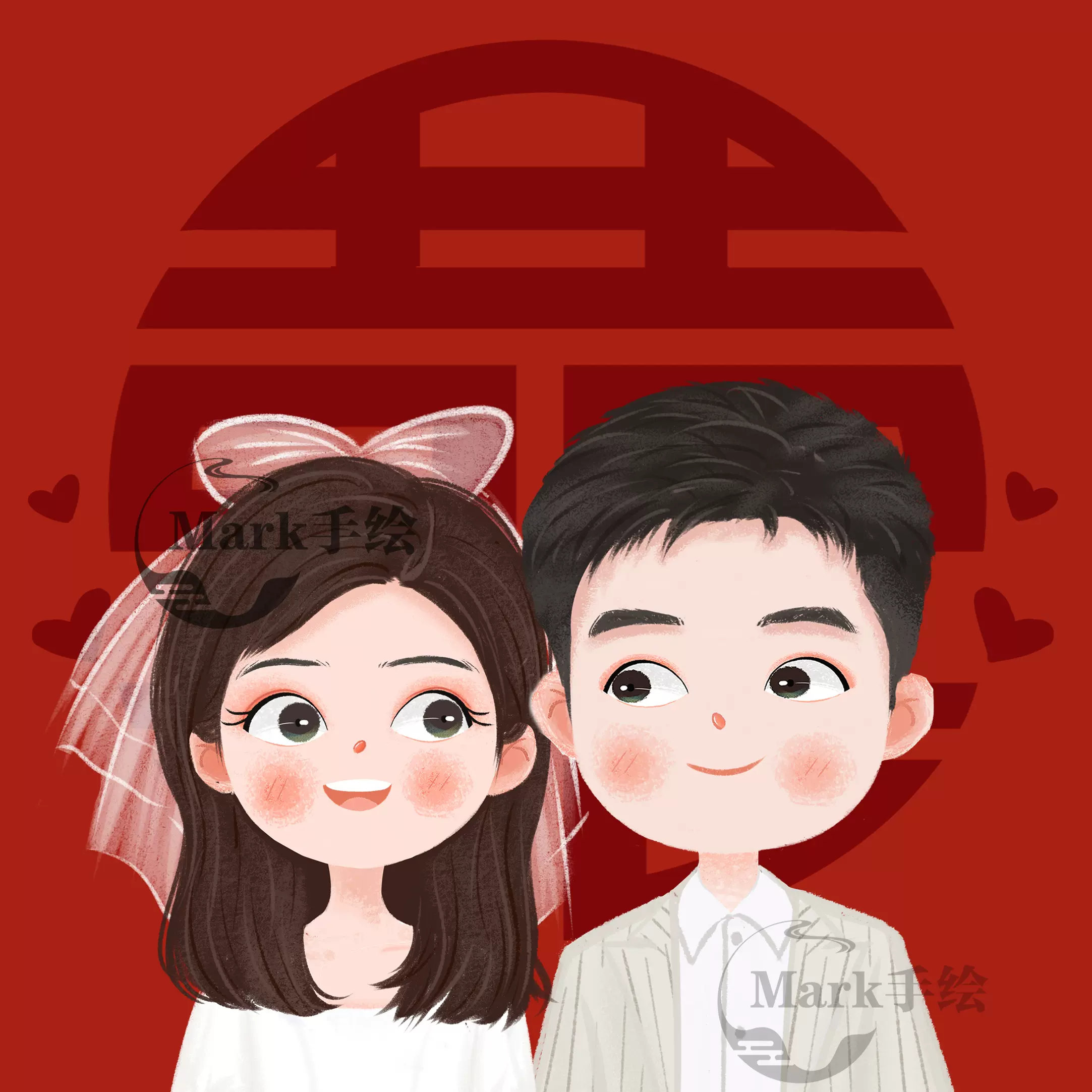 Q版手绘头像定制情侣婚纱照请柬设计卡通人物画像漫画照片转