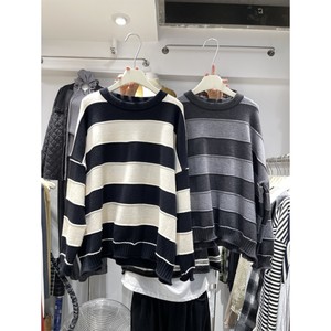 
2023 autumn new round neck loose lazy style stripes versatile slim ins fashionable long-sleeved knitted sweater for women