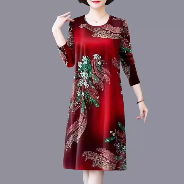 Middle-aged and elderly mothers wear long-sleeved dress 2023 autumn new fashionable printed loose slim and fashionable mid-length skirt