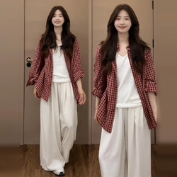Lazy Style Red Plaid Long-Sleeved Shirt Jacket Women's Summer High-End Shirt Loose Slimming Top Cardigan