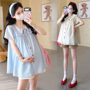 
Maternity suit summer fashion age-reducing doll collar colorful buttons sweet babydoll shirt chiffon top + shorts two-piece set