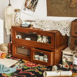 Cosmetics Storage Rack Retro Desktop Storage Box Wooden Glass Drawer-Type Home Computer Elevated Stand Zakka