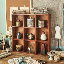 Retro Nine-Compartment Desktop Storage Box, Cosmetic Organizer, Wooden Desk Cup Holder, Tape Blind Box Cabinet, Zakka