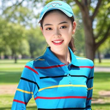 
Long-sleeved sports thick striped cotton lapel T-shirt for women