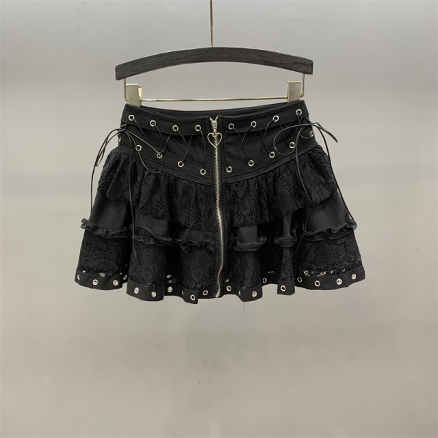 Lace spliced ​​cake skirt for women 2025 summer new design strap zipper a line puff short skirt