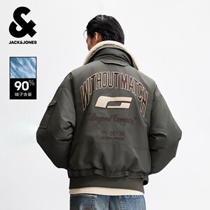 Jack Jones Men's Winter Down Jacket Loose Stand Collar Lamb Wool Letter Embroidery Fashion Versatile Trendy Jacket