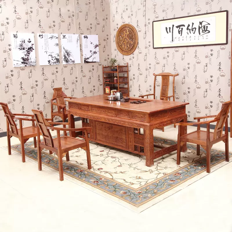 红木茶桌椅组合实木客厅双用家具2米中式功夫茶几非洲 红木茶桌椅组合实木客厅双用家具2米中式功夫茶几非洲