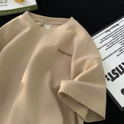 V37 Waffle Short-Sleeve T-Shirt for Men, Spring American Retro Letter Half-Sleeve T-Shirt, Loose Casual Five-Quarter Sleeve Top