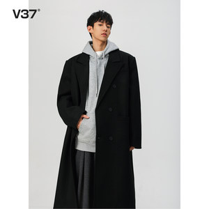 
V37 black high-end woolen coat men's 2026 summer season long Korean style woolen versatile windbreaker jacket